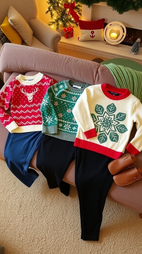 A collection of stylish Christmas jumper outfits displayed in a cozy living room.
